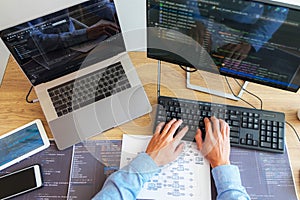 Programmers working in programming Programmer, developer and coding technology Website design, cybersecurity in the cyberspace