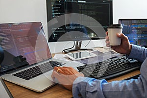 Programmers working in programming Programmer, developer and coding technology Website design, cybersecurity in the cyberspace