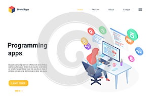 Programming app technology isometric landing page, mobile application development process