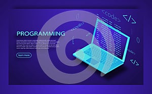 Programming of application and software development concept, laptop with program code on screen.