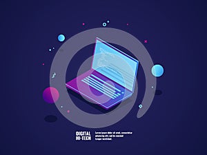 Programming of application and software development concept, laptop with program code on screen, vector illustration