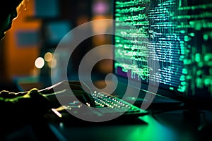Programming background with person working with codes on computer. Generative AI