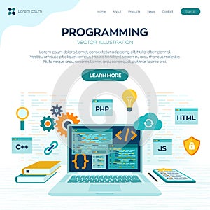 Programming banner, coding, best programming languages. Development and software concept. Computer code with windows on laptop