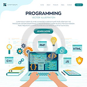 Programming banner, coding, best programming languages. Development and software concept. Computer code with windows on laptop