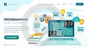 Programming banner, coding, best programming languages. Development and software concept. Computer code with windows on laptop