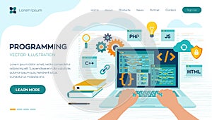 Programming banner, coding, best programming languages. Development and software concept. Computer code with windows on laptop