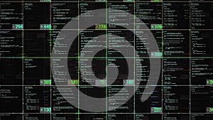 Programming blocks of code on black background, seamless loop. Animation. Abstract computer script, programming code as