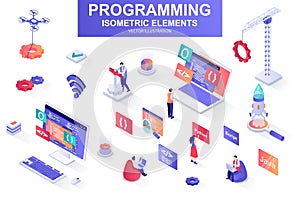 Programming bundle of isometric elements. Developer working, program languages, software engineering, full stack