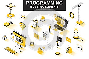 Programming bundle of isometric elements. Developer working, program languages, software engineering, full stack development