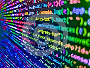 Programming code abstract background screen of software. Closeup of Java Script,. Php code on blue background in code editor.