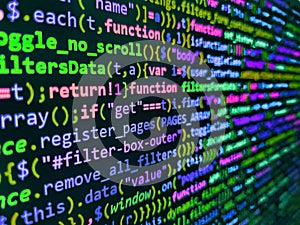 Programming code abstract screen of software developer. HTML5 in editor for website development. Monitor closeup of function