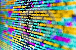 Programming code abstract screen of software developer. Web site codes on computer monitor. Digital technology on display. Web or