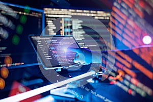 Programming code abstract screen of software developer. Working atmosphere of a programmer at home, background.