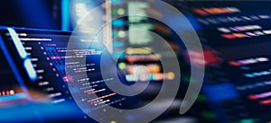 Programming code abstract screen of software developer. Working atmosphere of a programmer at home, background.