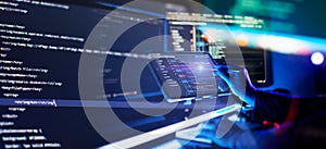 Programming code abstract screen of software developer. Working atmosphere of a programmer at home, background.