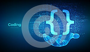 Programming code. Coding or Hacker sign. Programming code icon made with binary code in wireframe hand. Digital binary data and