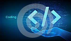 Programming code. Coding or Hacker sign. Programming code icon made with binary code in wireframe hand. Digital binary data and