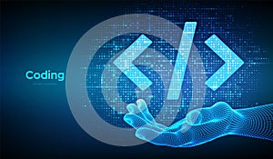 Programming code. Coding or Hacker sign. Programming code icon made with binary code in wireframe hand. Digital binary data and