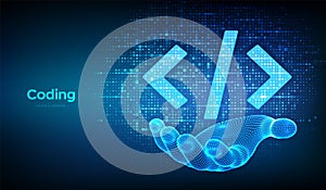 Programming code. Coding or Hacker sign. Programming code icon made with binary code in wireframe hand. Digital binary data and