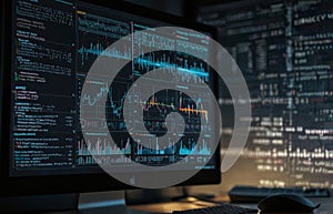 Computer screen showing programming code and data analytics charts