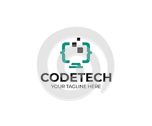 Programming code and computer monitor logo template. Coding school vector design