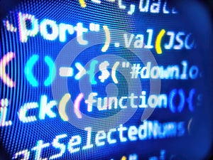 Programming code on computer screen. Big data storage and cloud computing representation. Developer software programming code.