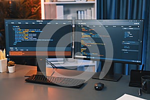 Programming code on computer two screen on desktop at neon light room. Infobahn.