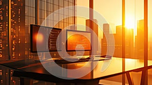 Programming code on computers in modern office during sunset
