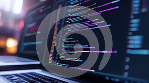Programming code displaying on laptop screen for software development