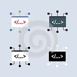 Programming code flat vector icon set. Isolated coding and programming software sign with browser screen