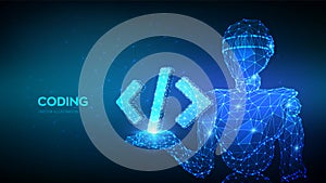 Programming code icon. Abstract 3d robot holding programming code symbol in hand. Coding or Hacker background. Automation software
