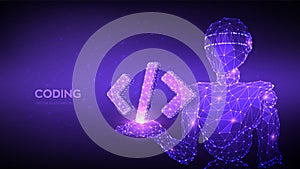 Programming code icon. Abstract 3d robot holding programming code symbol in hand. Coding or Hacker background. Automation software