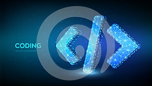 Programming code icon. 3D Low polygonal abstract programming code symbol. Coding or Hacker background. Development and software
