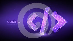Programming code icon. 3D Low polygonal abstract programming code symbol. Coding or Hacker background. Development and software