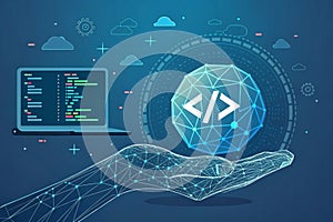 Programming code icon. 3D Low polygonal abstract programming code symbol in hand. Coding or Hacker background. Development and