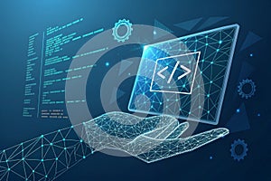 Programming code icon. 3D Low polygonal abstract programming code symbol in hand. Coding or Hacker background. Development and
