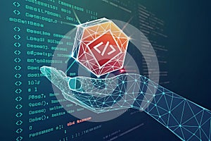 Programming code icon. 3D Low polygonal abstract programming code symbol in hand. Coding or Hacker background. Development and