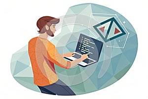 Programming code icon. 3D Low polygonal abstract programming code symbol in hand. Coding or Hacker background. Development and