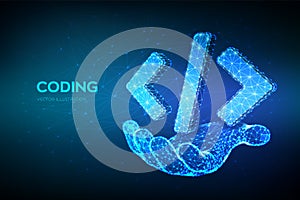 Programming code icon. 3D Low polygonal abstract programming code symbol in hand. Coding or Hacker background. Development and