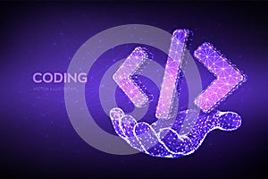 Programming code icon. 3D Low polygonal abstract programming code symbol in hand. Coding or Hacker background. Development and