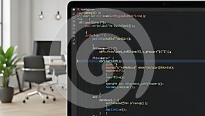 Programming Code on Laptop Screen in a Modern Office