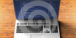 Programming code on a laptop screen, office desk background. 3d illustration