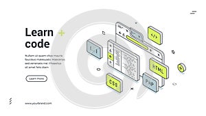 Programming code learning software development isometric web banner design template vector