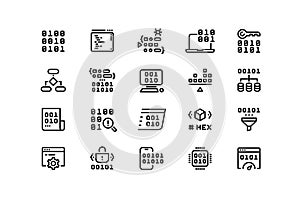 Programming code line icons. Binary hex and machine code compiling and running, software and operating system