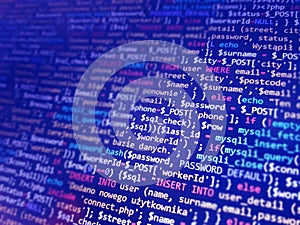 Programming code on monitor screen. Developer work. Abstract background for search job. HTML, php web programming