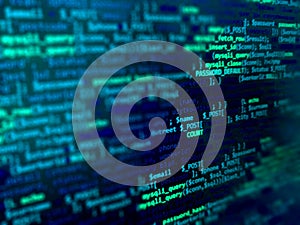 Programming code on monitor screen. Developer work. Abstract background for search job. HTML, php web