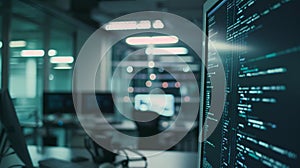 Programming Code on Screen in Contemporary Tech Office Workspace
