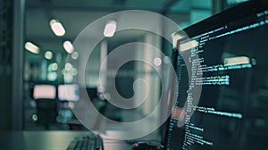 Programming Code on Screen in Contemporary Tech Office Workspace