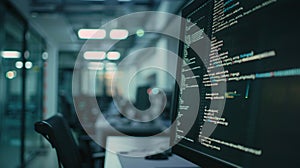 Programming Code on Screen in Contemporary Tech Office Workspace