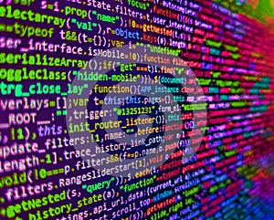 Programming code screen of software developer. Abstract technological background with digits and lines. Screen of web developing